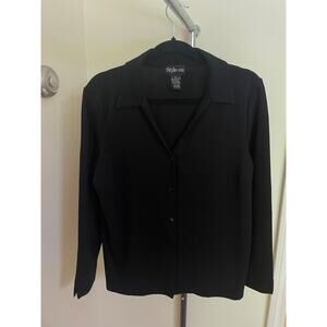 Style & Co Womens Medium Button Up Cardigan Black Stretch Collared Long Sleeve